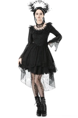 Black lace high-low gothic dress front full-body view, featuring dramatic bell sleeves, ruffled collar, and corset bodice on model with gothic styling