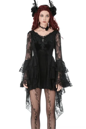 Black lace high-low gothic dress front view on model with bell sleeves and corset back