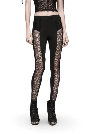 Black lace gothic leggings with floral cutouts front view on model