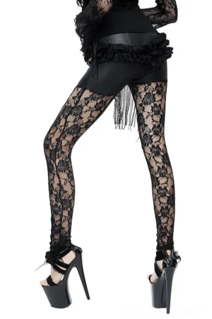 Black floral transparent lace leggings with PU shorts insert and beaded tassel, front-side full body view