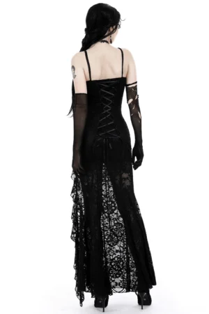 Black lace gothic maxi dress back view showing corset lace-up closure and floor-length silhouette