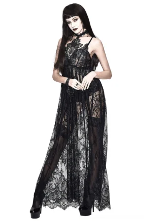 Black lace gothic maxi dress with lace choker neckline, full front view on model, sheer skirt, alternative fashion