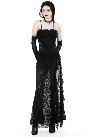 Black lace gothic maxi dress with side slit and sweetheart neckline worn by model, full front view