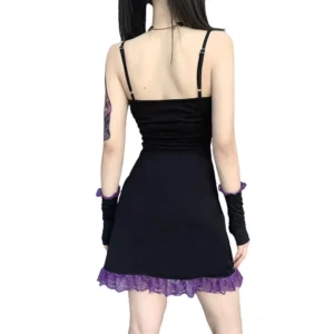 Open back design of black gothic mini dress with adjustable spaghetti straps and purple ruffled lace hem