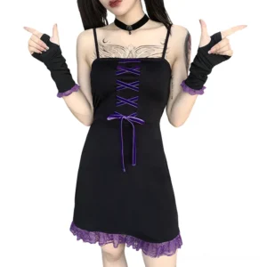 Black gothic lace mini dress with purple lace-up front, detachable spaghetti straps, and ruffled hem worn by model with twin ponytails