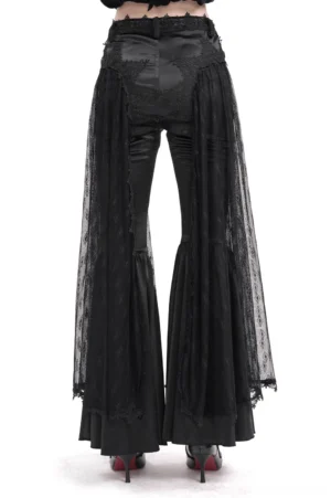 Gothic lace bell-bottom pants rear full view displaying high-waisted design and sheer lace side panels on model