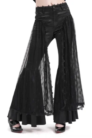 Black lace bell-bottom gothic pants with satin accents, front three-quarter view on female model showcasing dramatic flared silhouette