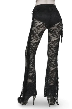 Side profile of black lace gothic trousers - long cascading tassels and bell-bottom flare with platform heels