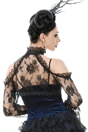 Back view of black lace gothic shrug displaying delicate sheer floral embroidery and lace texture on model