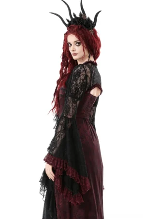 Black lace shrug with wine-red ruffled cuffs and open back design, side rear view on model with horn crown