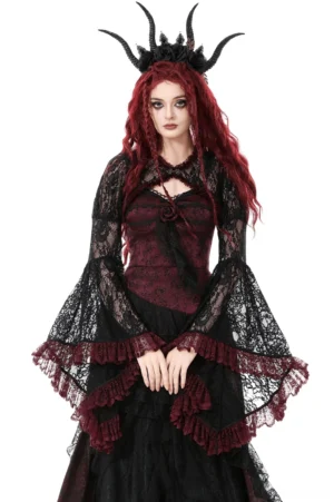 Gothic black lace shrug with wine-red ruffled bell sleeves worn by model with horn crown, front full-body studio shot