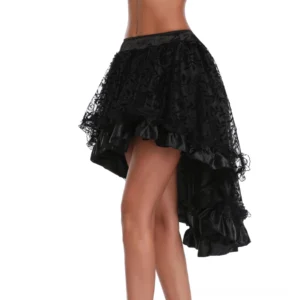 Black high-low gothic skirt side profile view displaying layered lace details and asymmetrical hemline construction