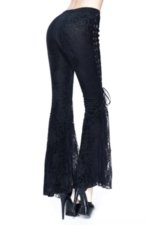 Black gothic lace flare pants back side view - dramatic flared leg with lace trim and side lace-up fasteners paired with platform heels