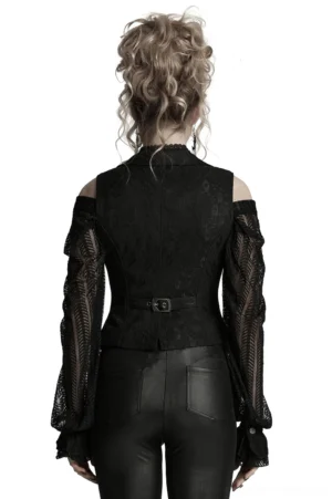 Gothic black lace waistcoat rear view showing adjustable back buckle strap and jacquard fabric texture
