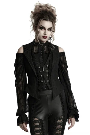 Black lace gothic waistcoat with deep V lapel and engraved metal buttons worn by female model in front full-body view