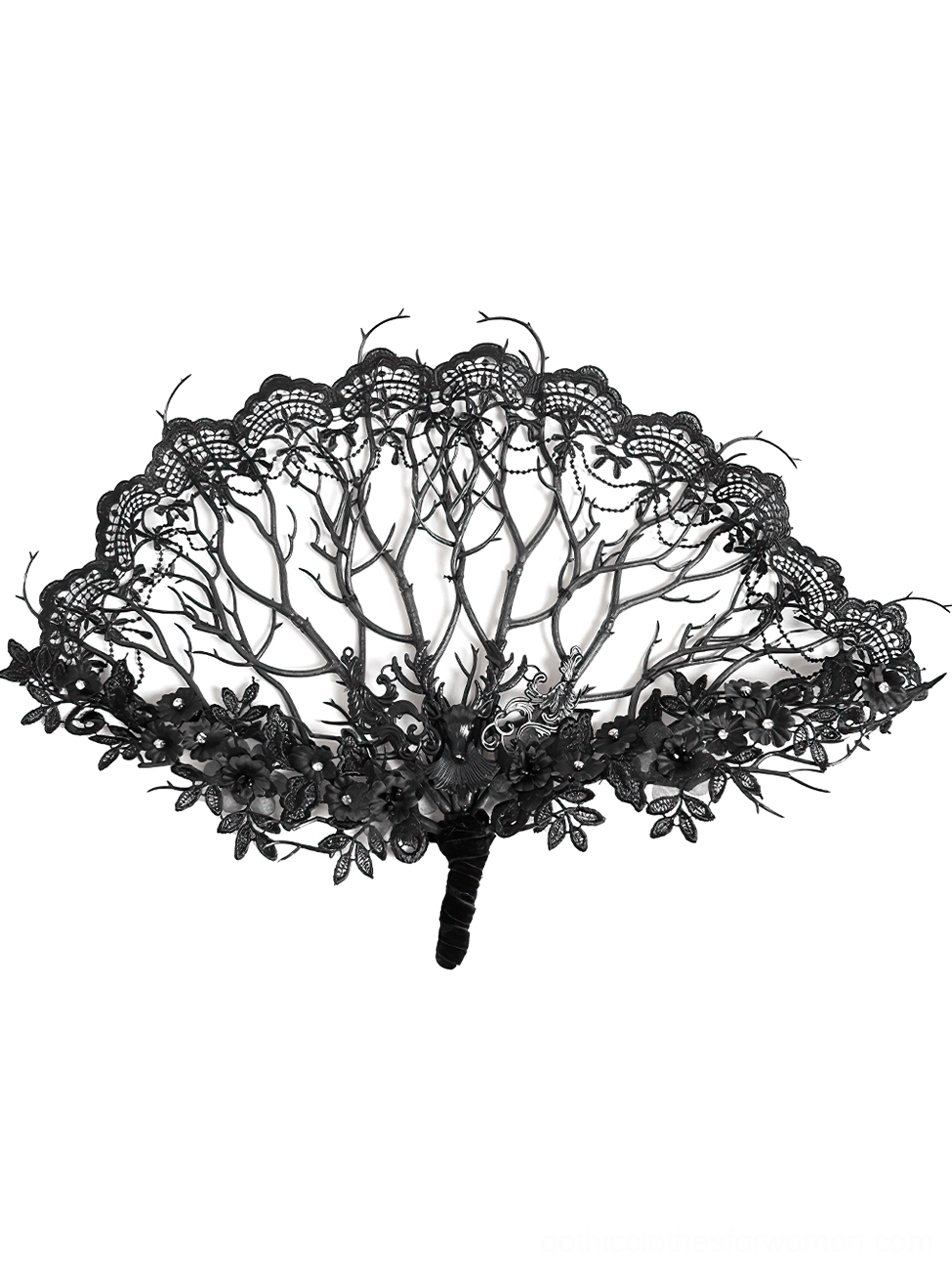 Flat lay of single black gothic lace hand fan with intricate filigree border, branch skeleton frame, and floral accents