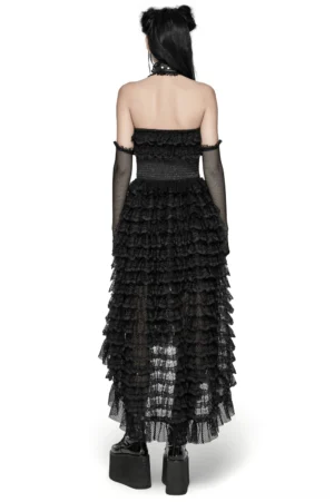 Black lace high-low gothic dress back view showing exposed open back and ruffled train hem
