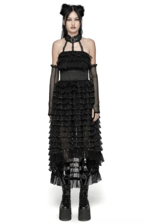 Black lace high-low gothic dress front view with detachable buckle collar and mesh sleeves on model