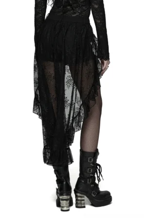 Black lace gothic shorts high-low train - rear view on model showing dramatic sheer lace overlay