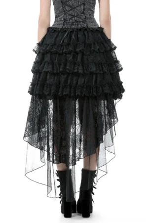 Black high-low tiered ruffle skirt back view, showing long sheer tulle train and lace underlayer