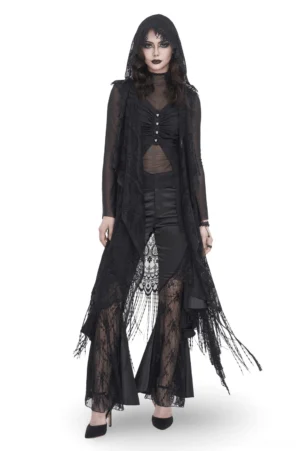 Black lace hooded gothic cape front three-quarter view on female model with sheer lace detailing and tassel hem