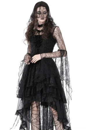 Black sheer lace hooded gothic cape worn on model – front view showing spiderweb lace pattern, dramatic hood, and self-tie closure