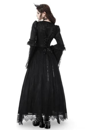 Gothic black maxi dress with intricate lace overlay worn on model in studio, rear full-length view displaying lace-up back closure and floor-length hem