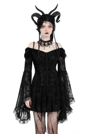 Black lace off-shoulder gothic mini dress with bell sleeves front view on model with horn headdress