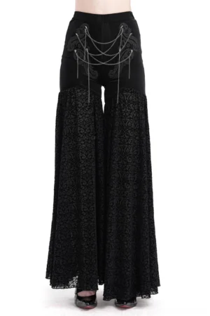 Black lace palazzo pants with metal chain details, front view showcasing flared lace legs and chain embellishments
