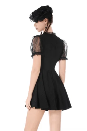 Gothic black lace mini dress rear view - high lace collar and fitted waist detail