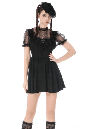Black gothic lace puff sleeve mini dress with silver cross pendant - front full-body view on model