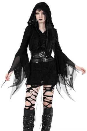 Black sheer lace ripped gothic hoodie with flowing sleeves - front full-body view on model