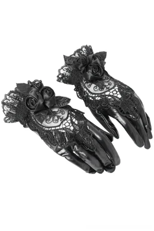 Black lace rose gothic gloves flat lay showing intricate lace detailing and satin rose embellishments