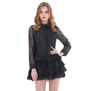 Black lace ruffle gothic mini dress with sheer long sleeves - front full-body view on model