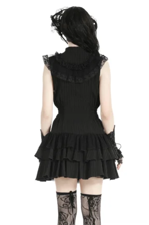 Black lace ruffled gothic dress back view showing high stand collar and layered ruffled hem