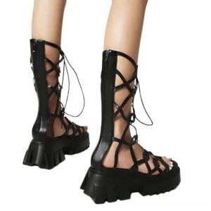 Black gothic sandals rear view showing zip-back closure and open lattice strap design