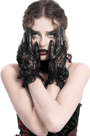 Black lace satin rose gothic gloves front view with ruffled cuffs worn by model