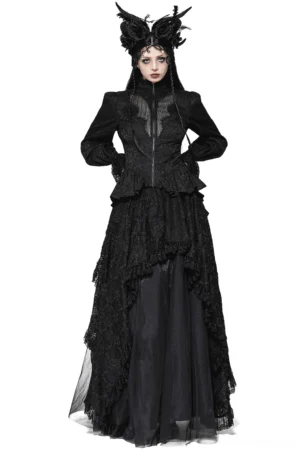 Black high-low lace tailcoat with sheer puffed sleeves and corset waist, full front view on model