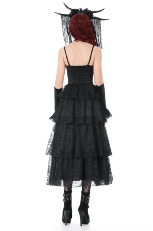 Black gothic tiered lace dress back view showing open back design and cascading ruffled skirt layers