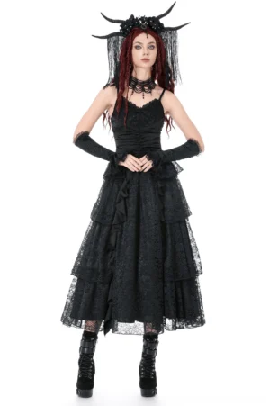 Black lace tiered gothic midi dress front view on model with adjustable spaghetti straps and ruched bodice