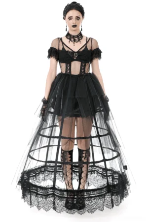 Black lace tulle gothic maxi dress front view on model showing off-shoulder ruffled neckline and tiered tulle skirt