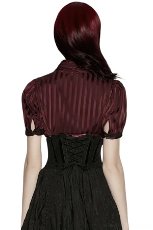 Gothic underbust corset back view on model, displaying lace-up closure with ribbon ties and detailed crisscross lacing design