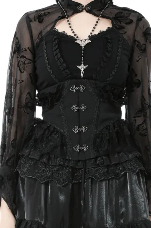 Black gothic lace-trimmed underbust corset with front metal clasp closure, detailed front view showing sheer mesh sleeves and ornate hardware