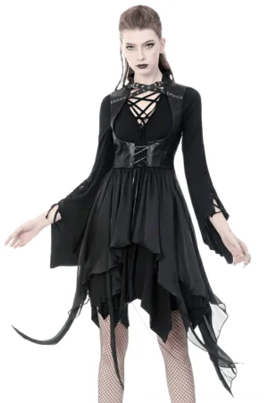 Black lace-up asymmetrical gothic waistcoat worn by female model in front view with high-low hem design against white background