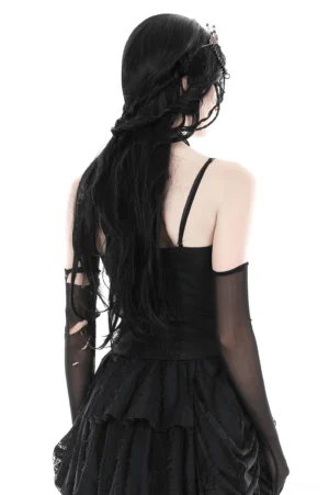 Back view of black lace-up corset bustier showing smocked ruched panel design and spaghetti strap attachment on model with long black hair