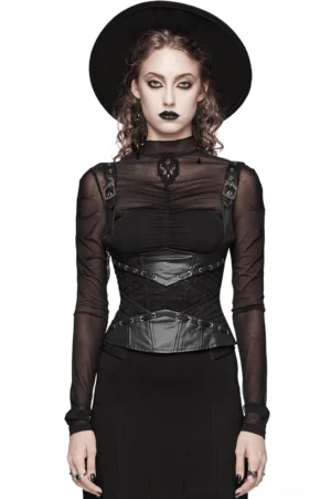 Black gothic lace-up corset front view on model wearing sheer mesh top and wide-brim hat, full body studio shot