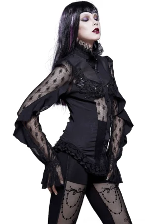 Black lace-up corset gothic blouse front three-quarter view with sheer beaded mesh sleeves and high ruffled collar