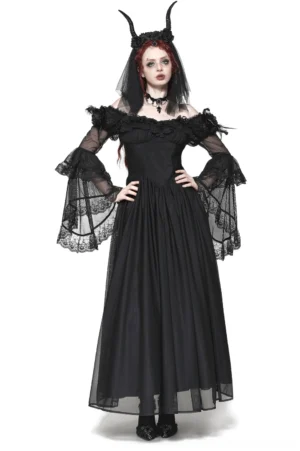 Black lace-up corset gothic maxi dress with off-shoulder bell sleeves, feathered shoulder details, and tulle overlay - front view on model
