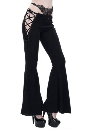 Black lace-up flared gothic trousers side view with velvet lace-up detail and floral appliqué