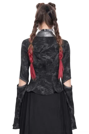 Gothic black blouse back view displaying tailored silhouette and pointed curved hem with cut-out arm details